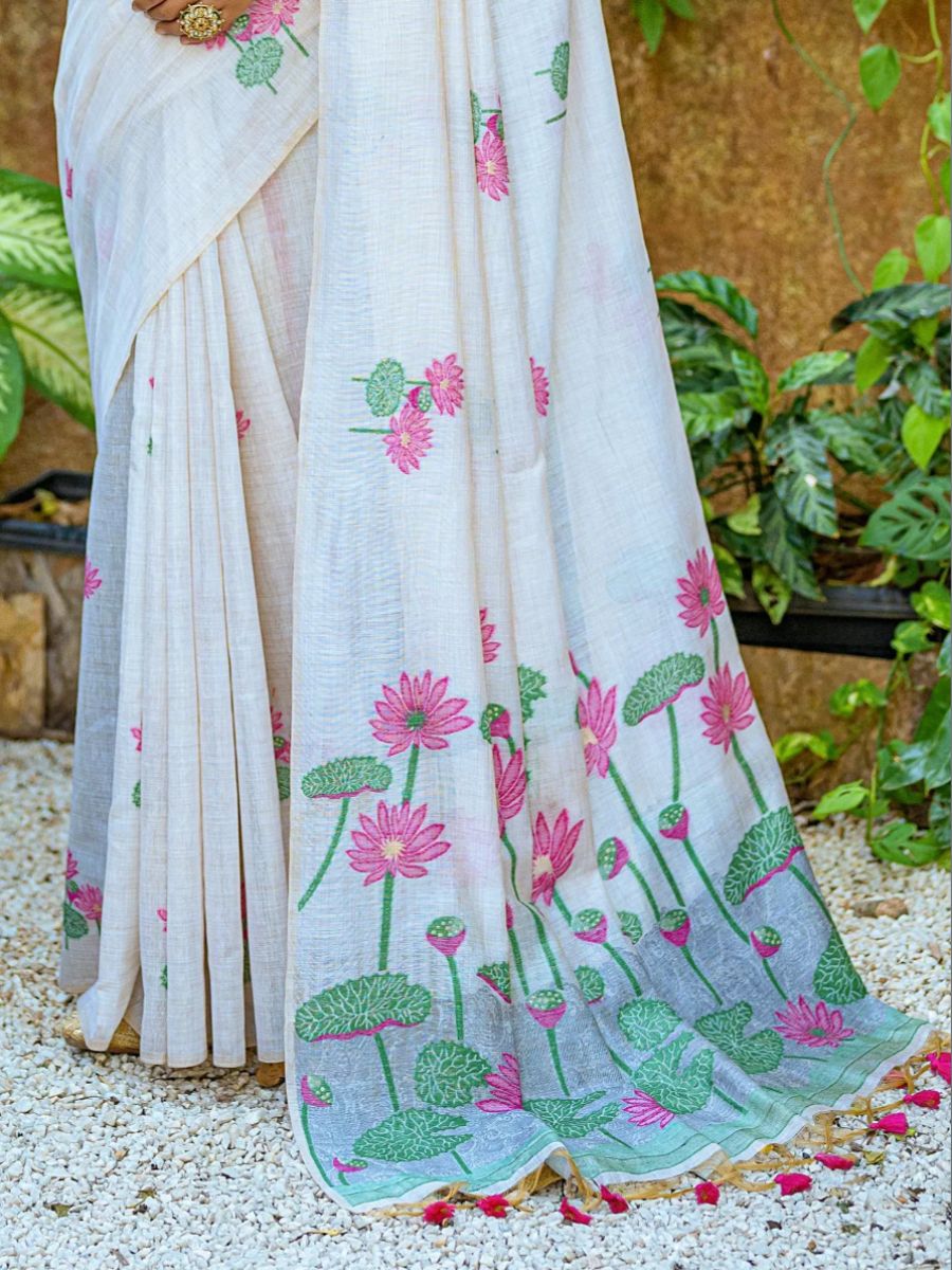 Graceful Pink Lotus Printed Off White Cotton Saree