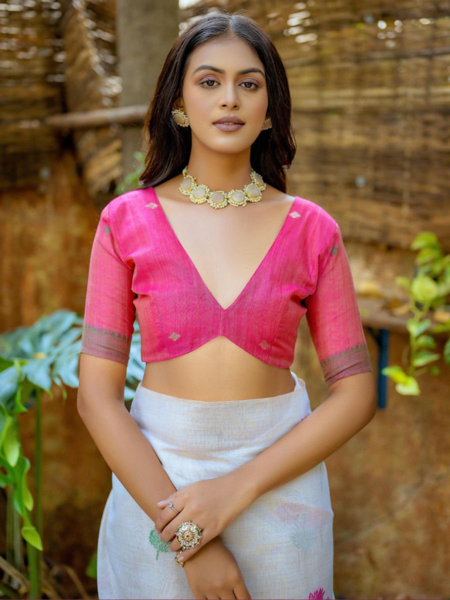 Graceful Pink Lotus Printed Off White Cotton Saree with Pink Blouse