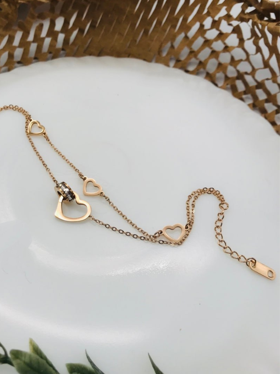 Heart and Diamond Charms Double Chain Rose Gold Bracelet