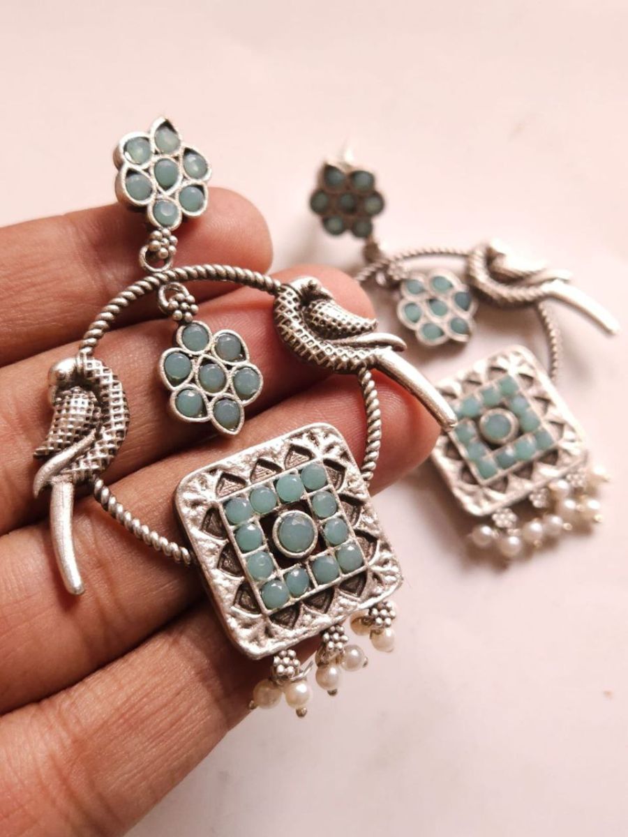 Ice Blue Stones Oxidised Silver Chandbali Earrings - Real Pic