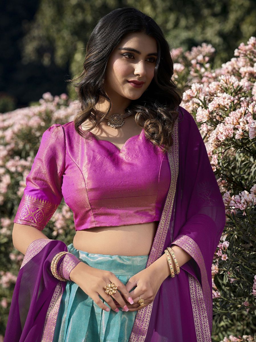 Ice Blue and Magenta Pink Kanchipuram Half Silk Lehenga Choli - Front Neck Design