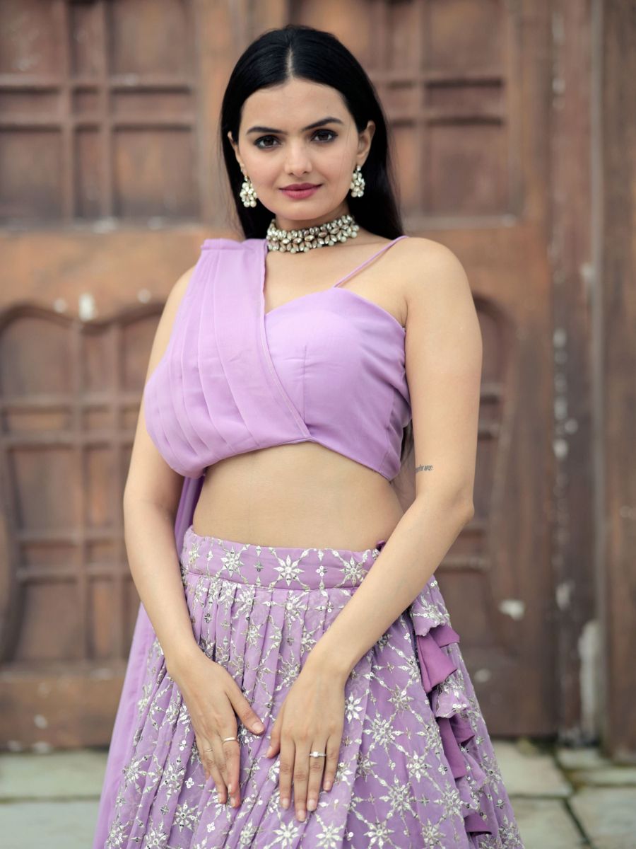 Lavender Lilac Sequins Georgette Indo Western Lehenga - Crop Top Blouse
