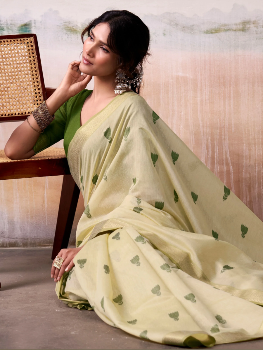 Light Cream and Green Woven Soft Cotton Casual Saree