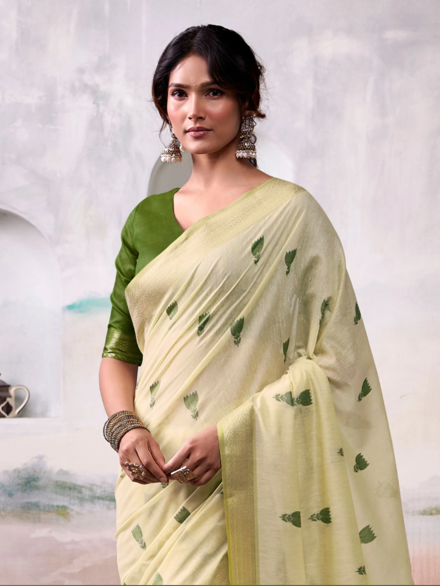Light Cream and Green Woven Soft Cotton Casual Saree with Blouse