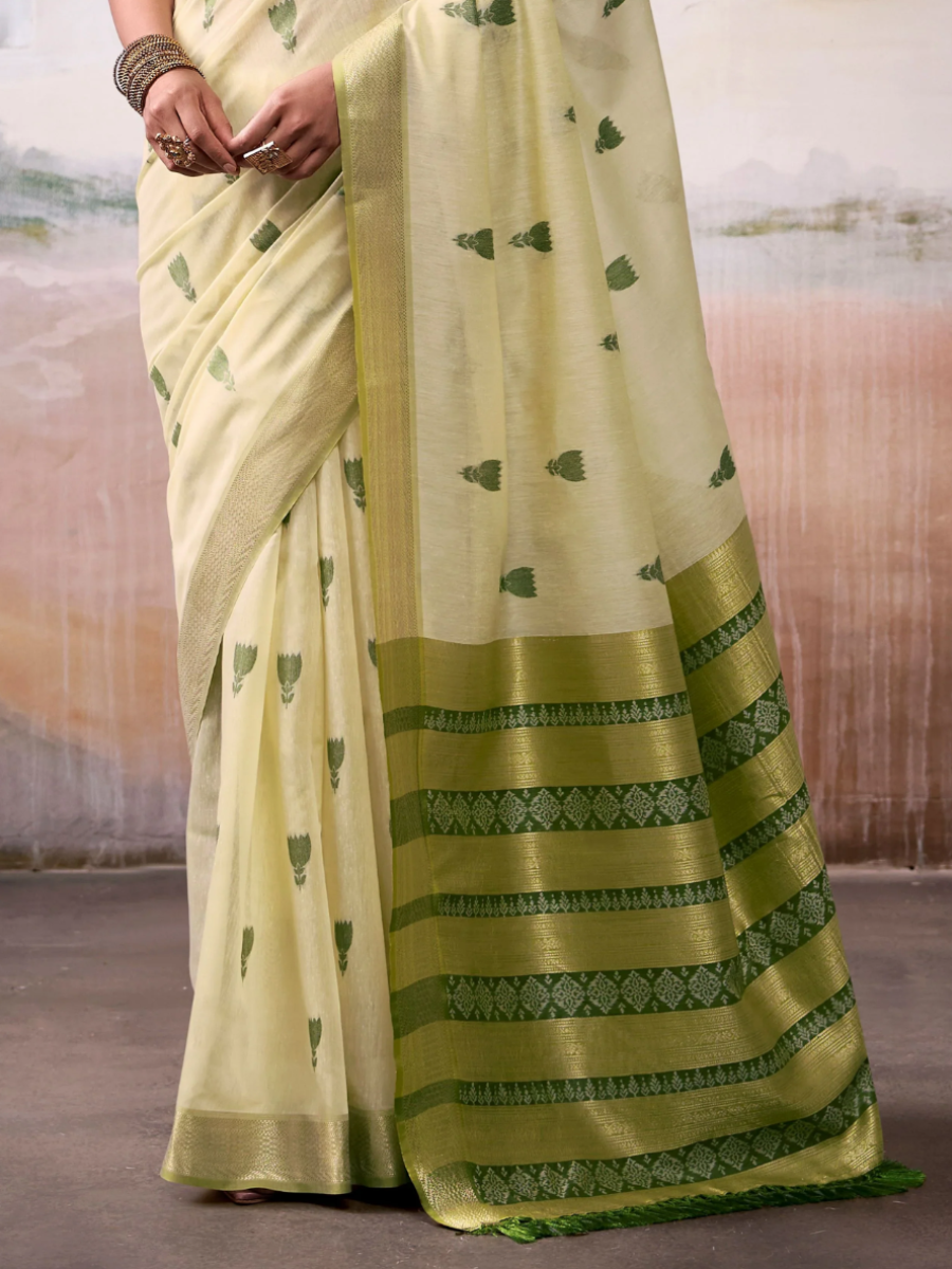 Light Cream and Green Woven Soft Cotton Casual Saree - Pallu