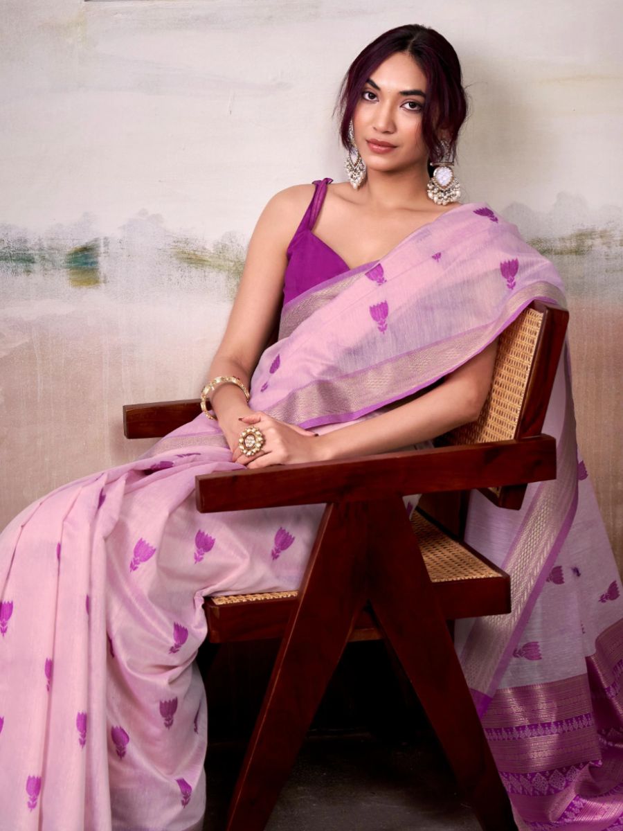 Light Pink Motif Woven Handloom Zari Border Cotton Saree-AllThingsAboutWedding