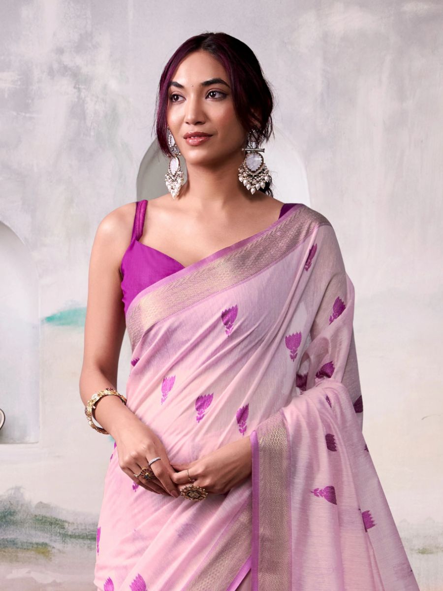 Light Pink Motif Woven Handloom Zari Border Cotton Saree - Blouse