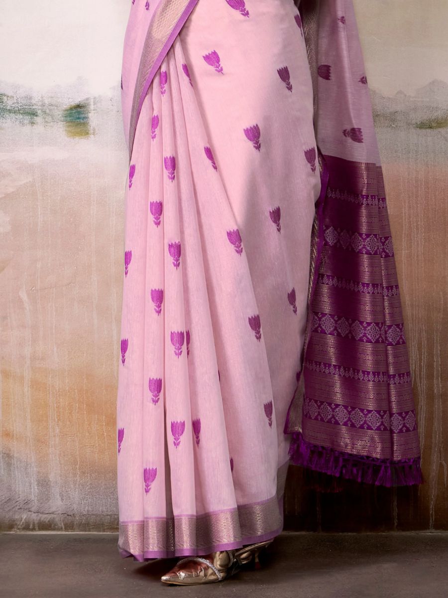 Light Pink Motif Woven Handloom Zari Border Cotton Saree - Pallu