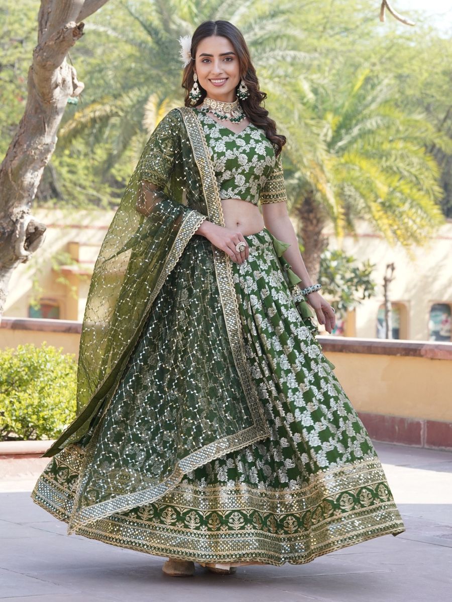 Buy Stylish Mehendi Green Georgette Party Wear Lehenga Choli