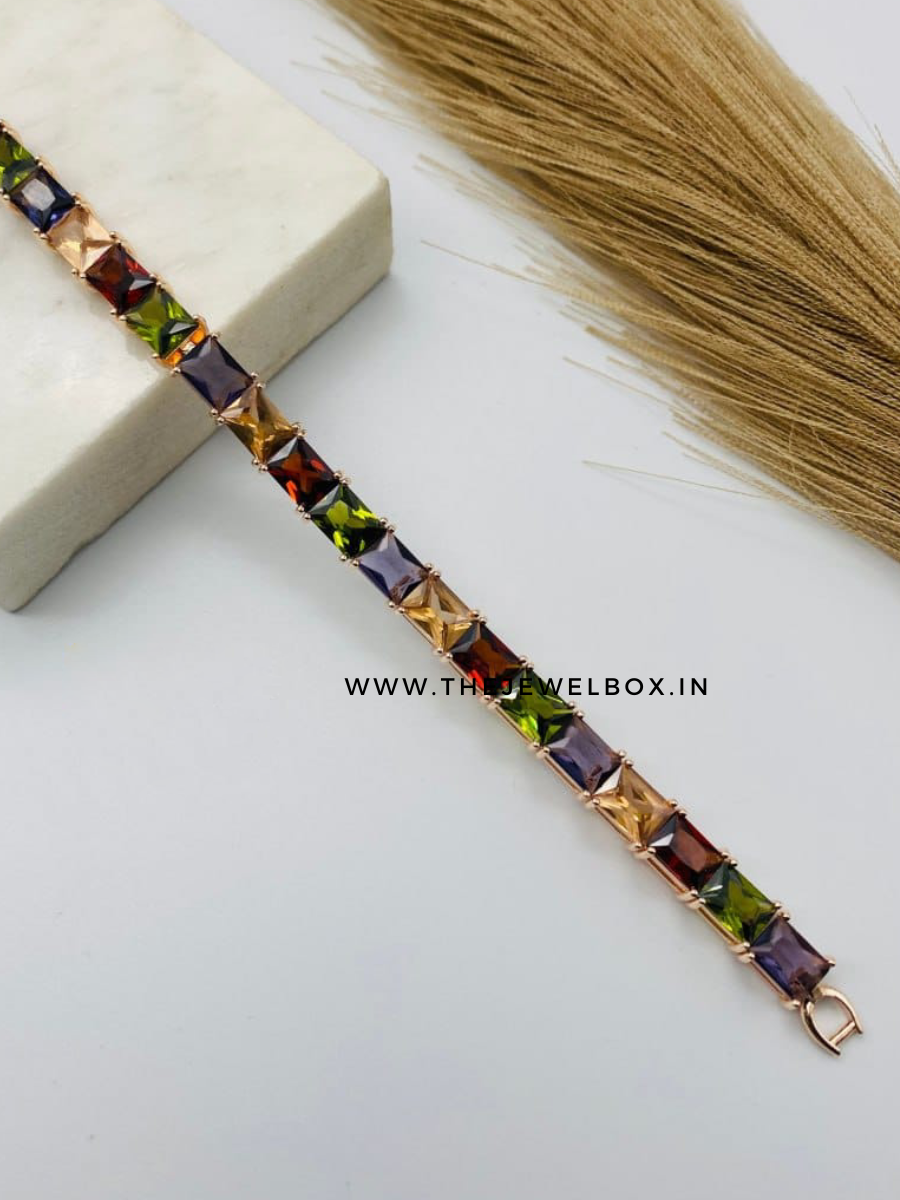 Multi Color Rectangular Stones Rose Gold Tennis Bracelet