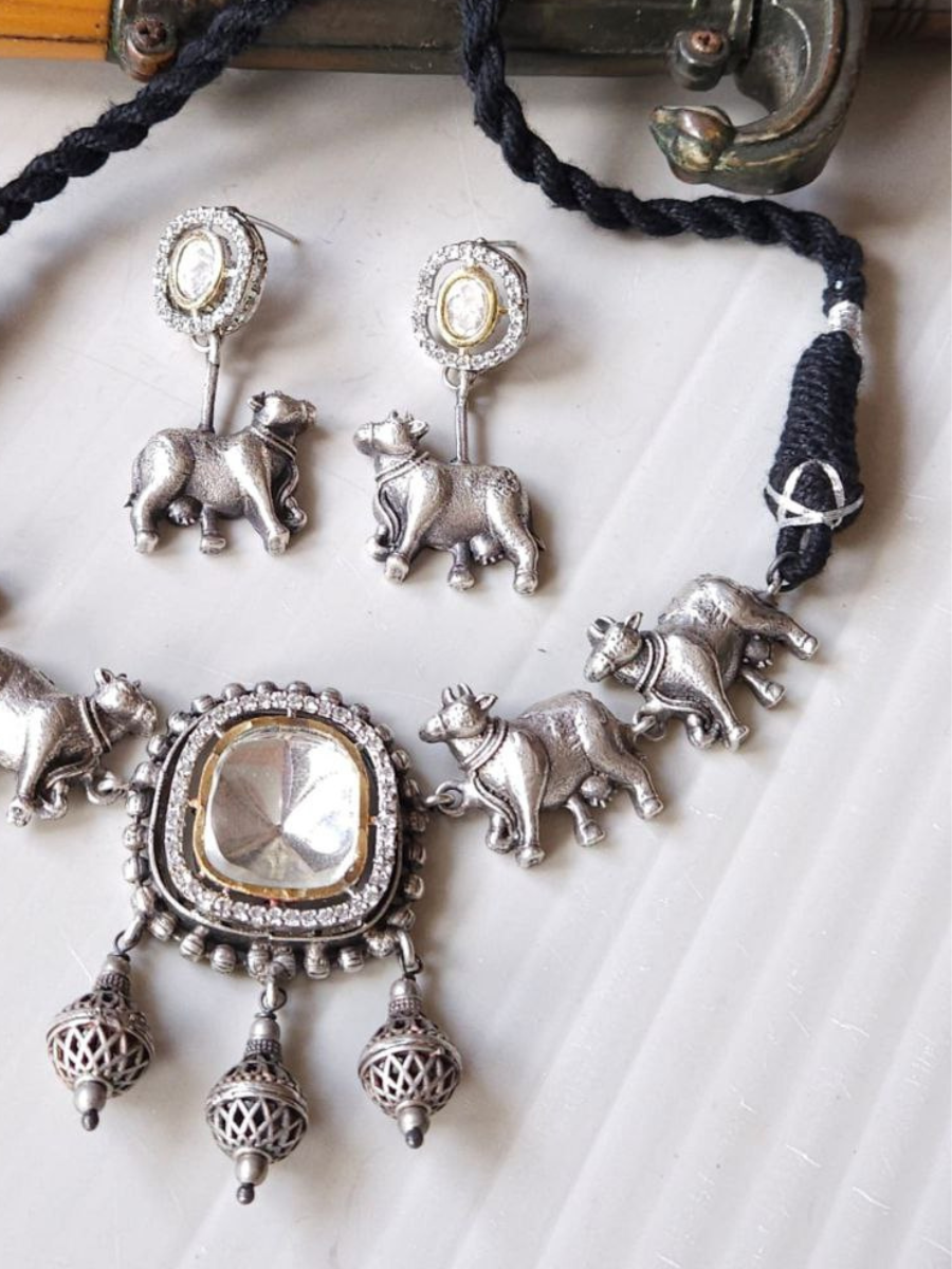 Nandi Style Polki Kundan German Silver Necklace Set