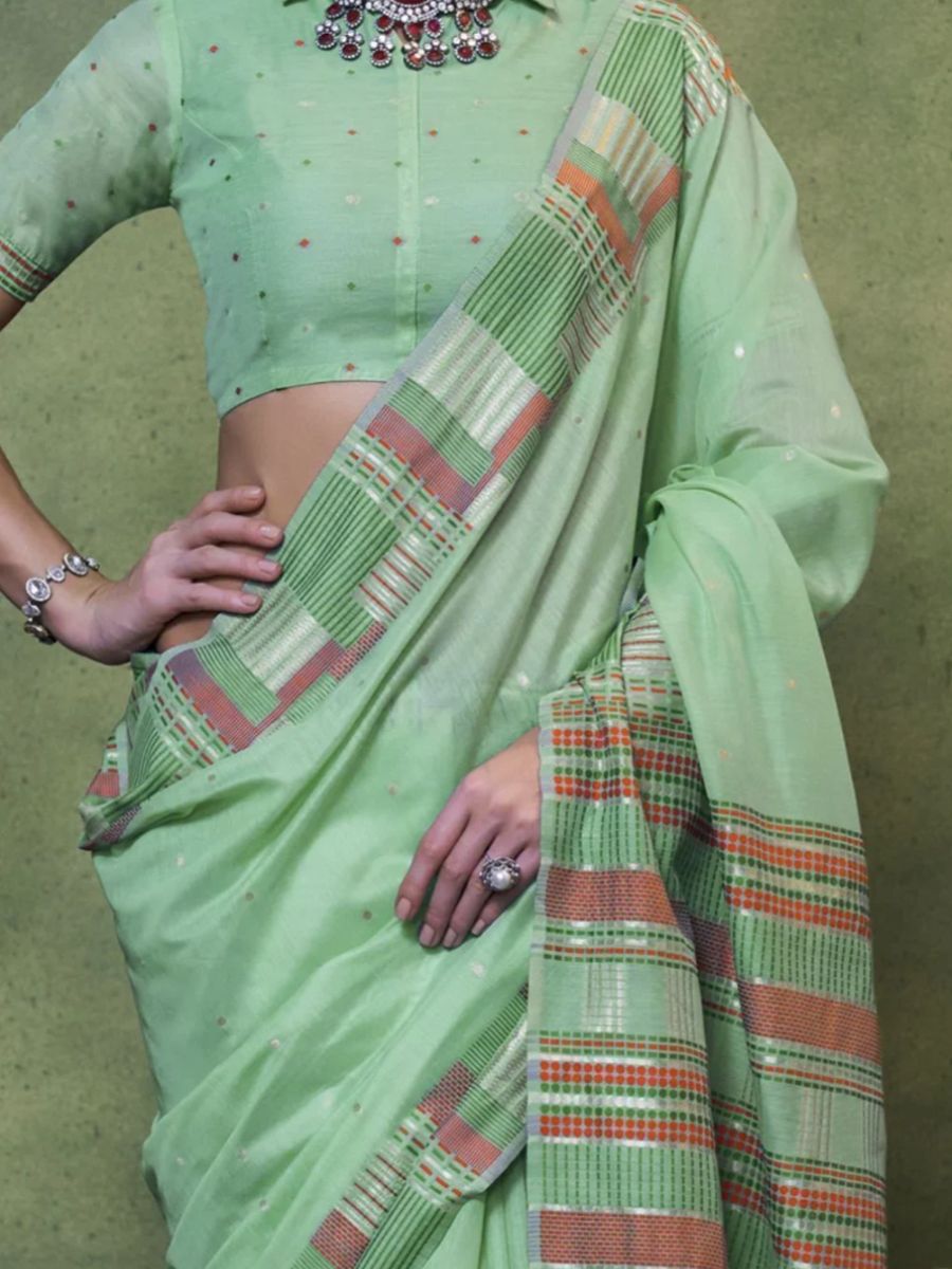 Pastel Mint Green Handloom Cotton Red Border Saree with Blouse