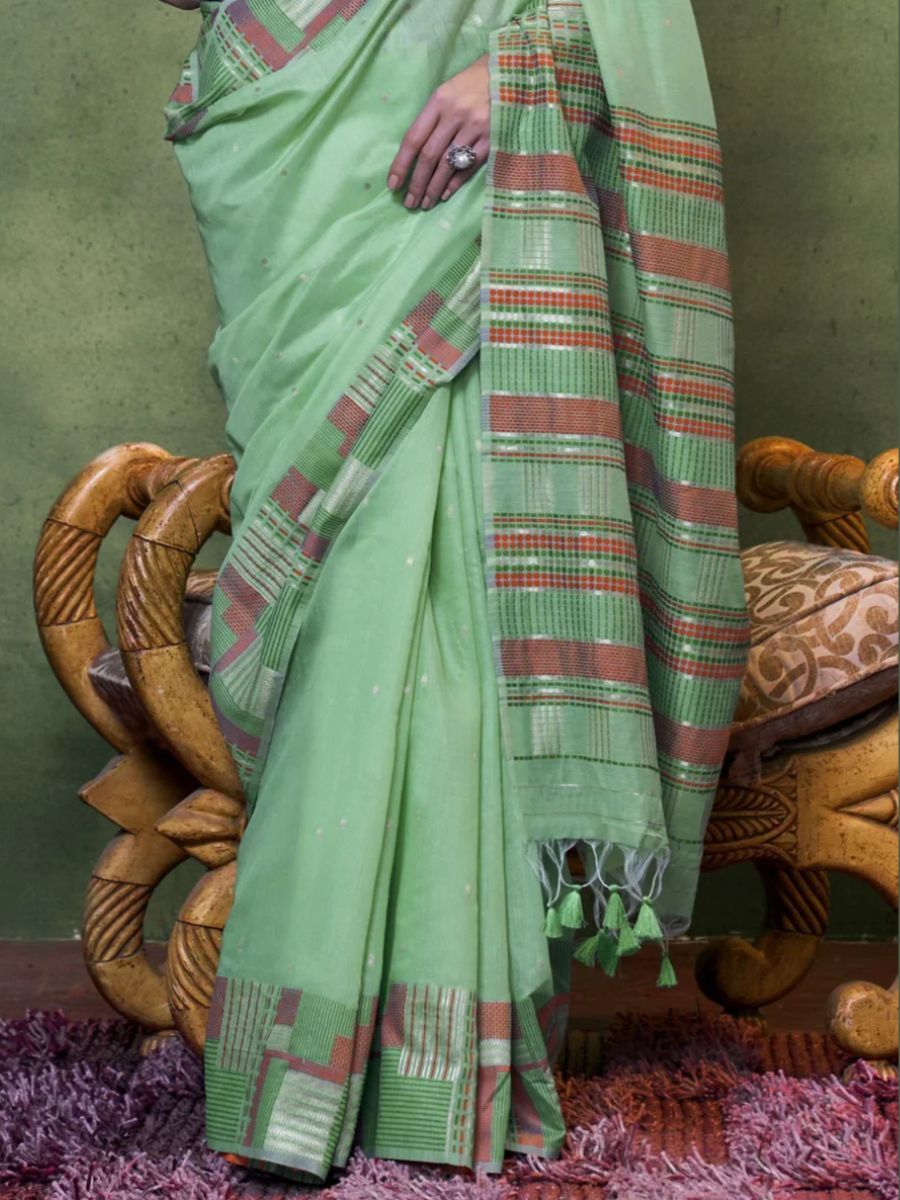 Pastel Mint Green Handloom Cotton Red Border Saree - Pallu