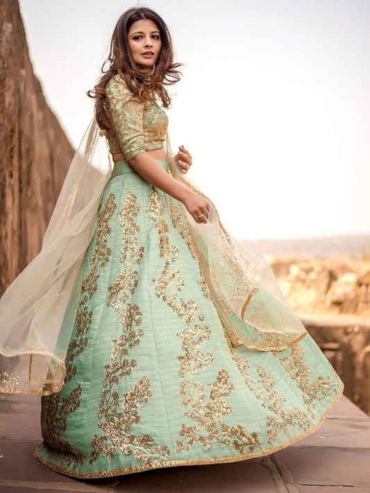 Buy Pista Green Colour Sequins Work Wedding Silk Lehenga Choli Online - AllThingsAboutWedding