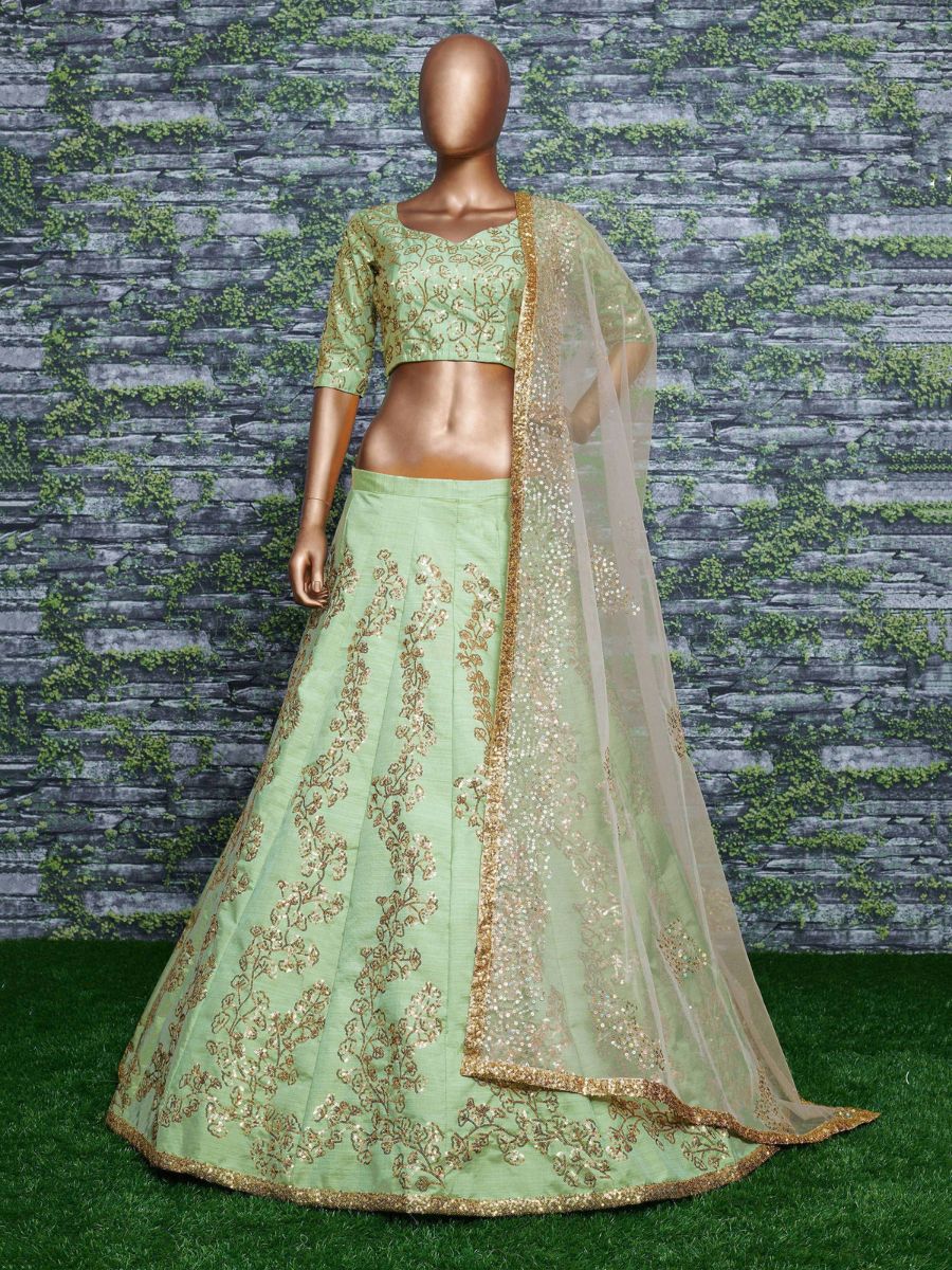 Pista Green Colour Sequins Work Wedding Silk Lehenga Choli with Dupatta