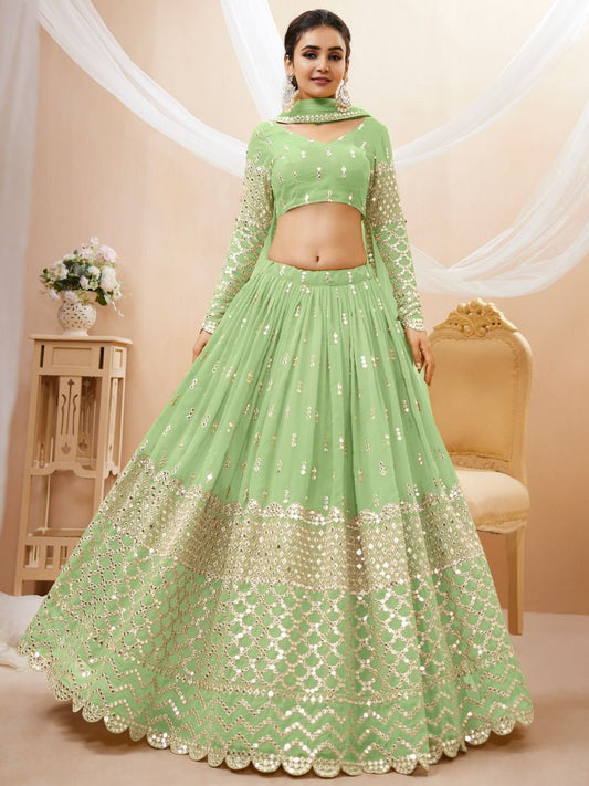 Buy Pista Green Zari Work Georgette Party Wear Lehenga Choli Online - AllThingsAboutWedding