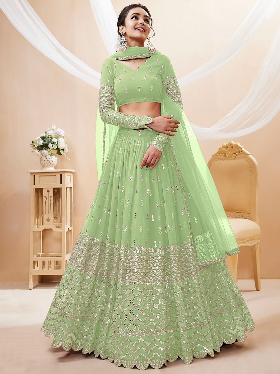 Buy Pista Green Zari Work Georgette Party Wear Lehenga Choli with Dupatta