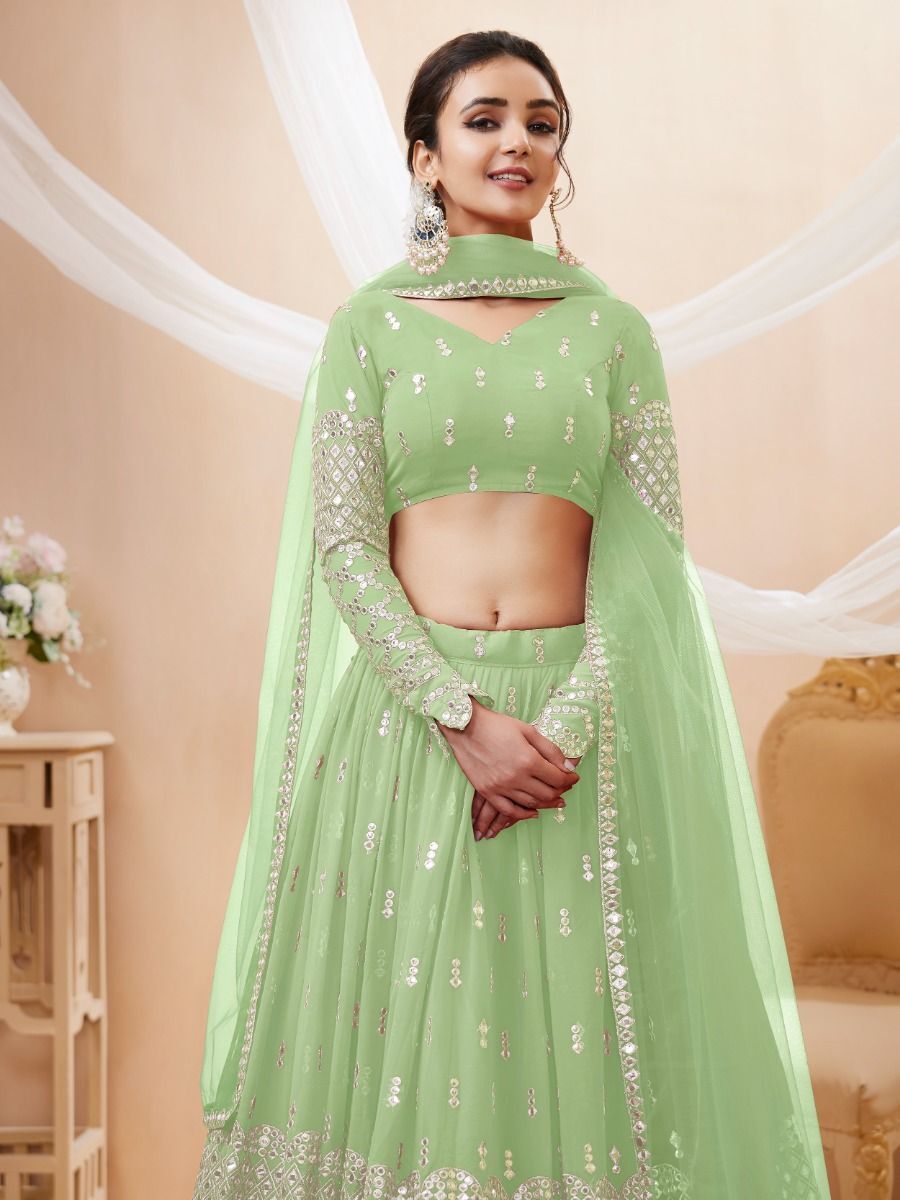 Pista Green Zari Work Georgette Party Wear Lehenga Blouse - Front Neck Designs