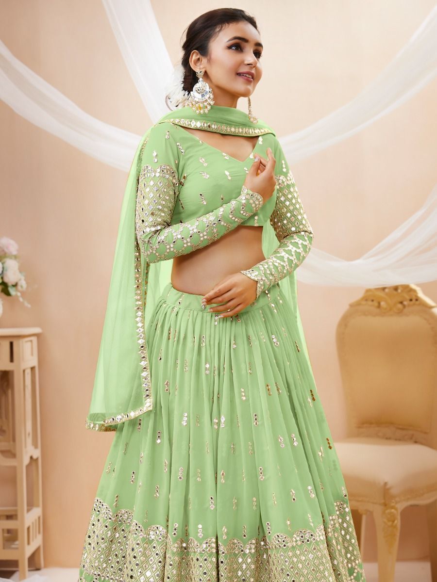 Pista Green Zari Work Georgette Party Wear Lehenga Side Long Sleeve Design
