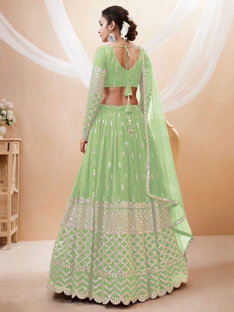 Pista Green Zari Work Georgette Party Wear Lehenga Blouse - Back Neck Designs