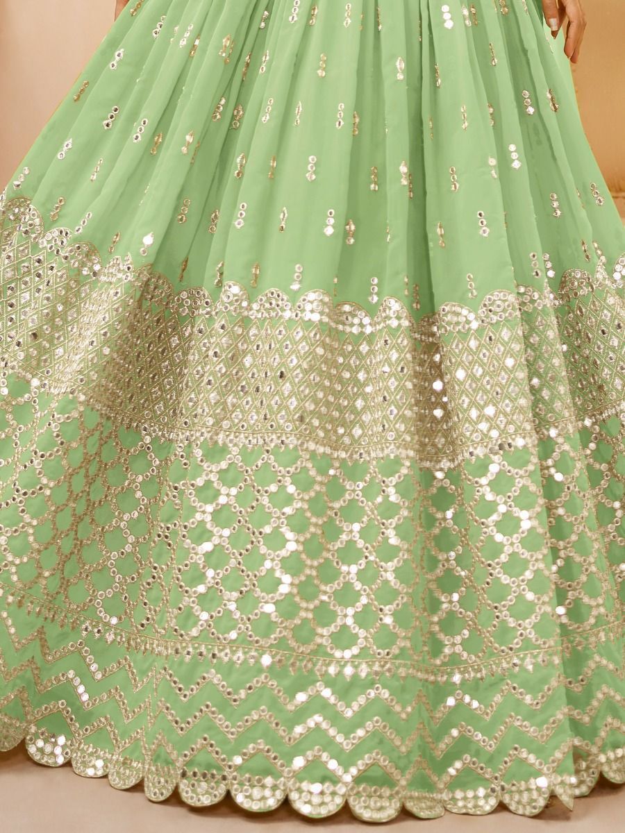 Pista Green Zari Work Georgette Party Wear Lehenga Embrodiery Work