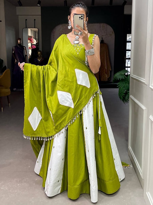 Buy Pista Green & White Mirror Work Cotton Navratri Lehenga Choli Online - AllThingsAboutWedding