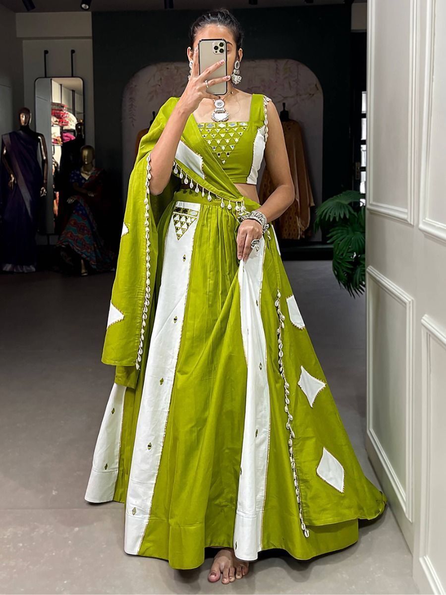 Pista Green & White Mirror Work Cotton Navratri Lehenga Choli with Dupatta