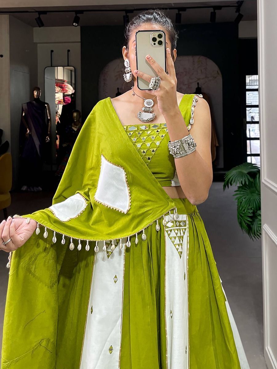 Pista Green & White Mirror Work Cotton Navratri Lehenga CholiFront Blouse Neck