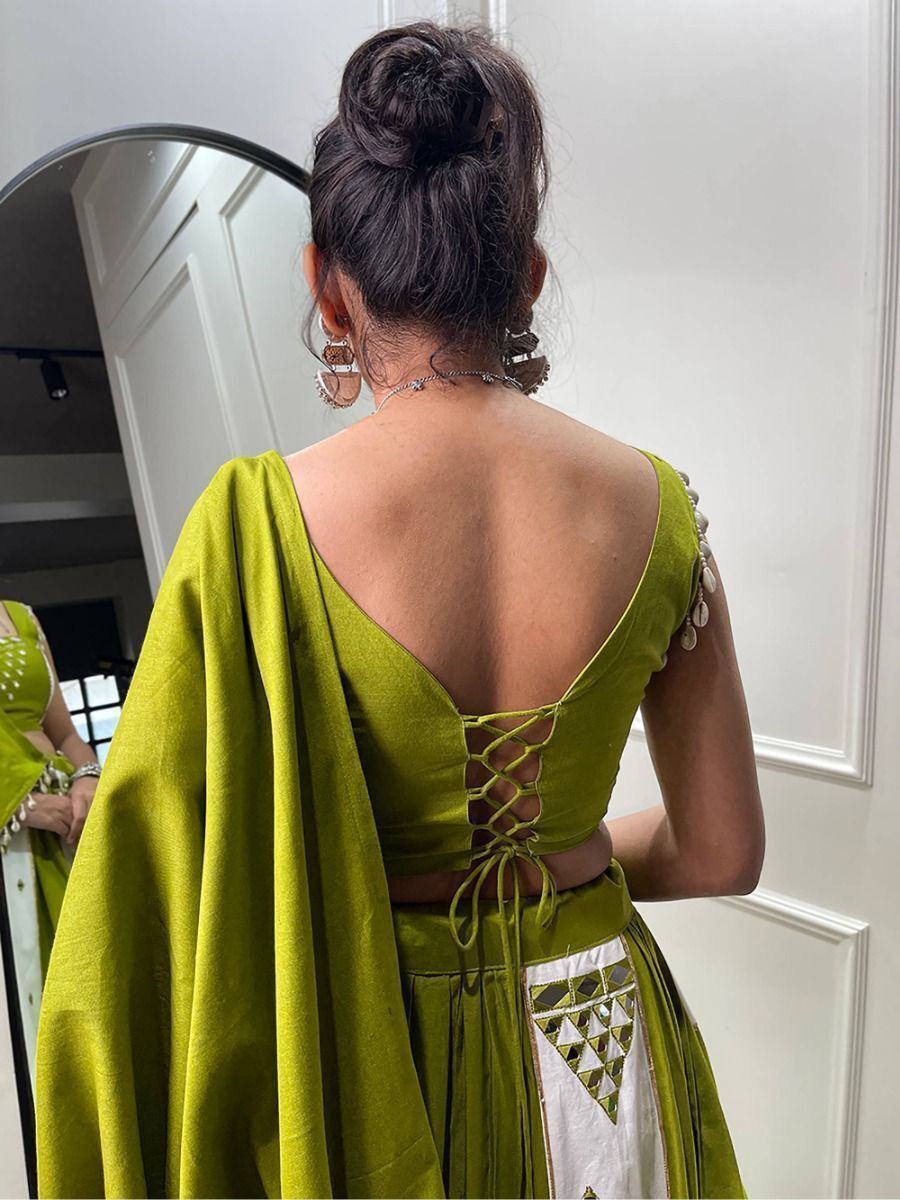 Pista Green & White Mirror Work Cotton Navratri Lehenga Choli Back Blouse Neck