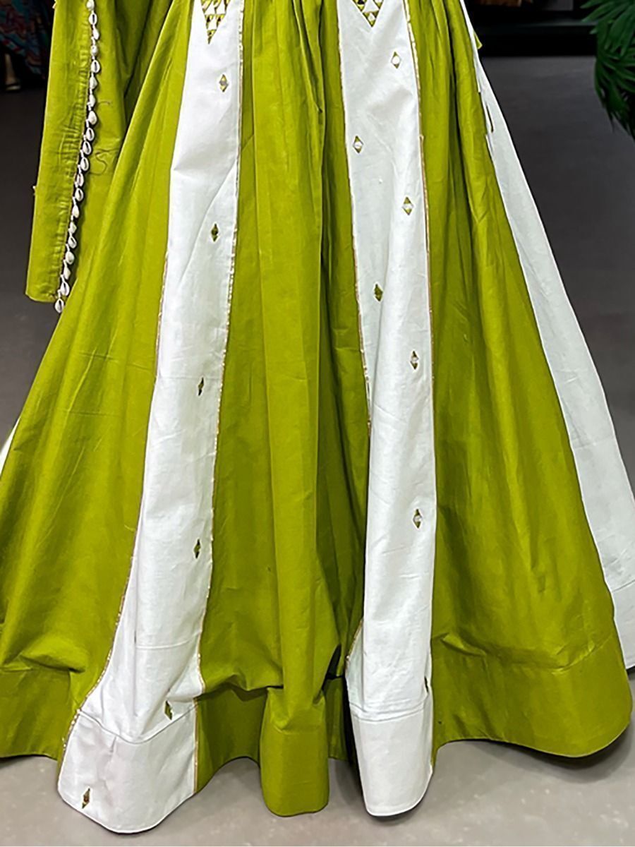 Pista Green & White Cotton Navratri Lehenga Choli - Mirror Work