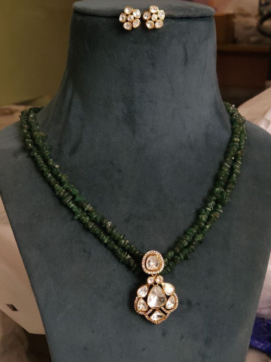 Polki Kundan Pendant Uncut Beaded Long Necklace Set