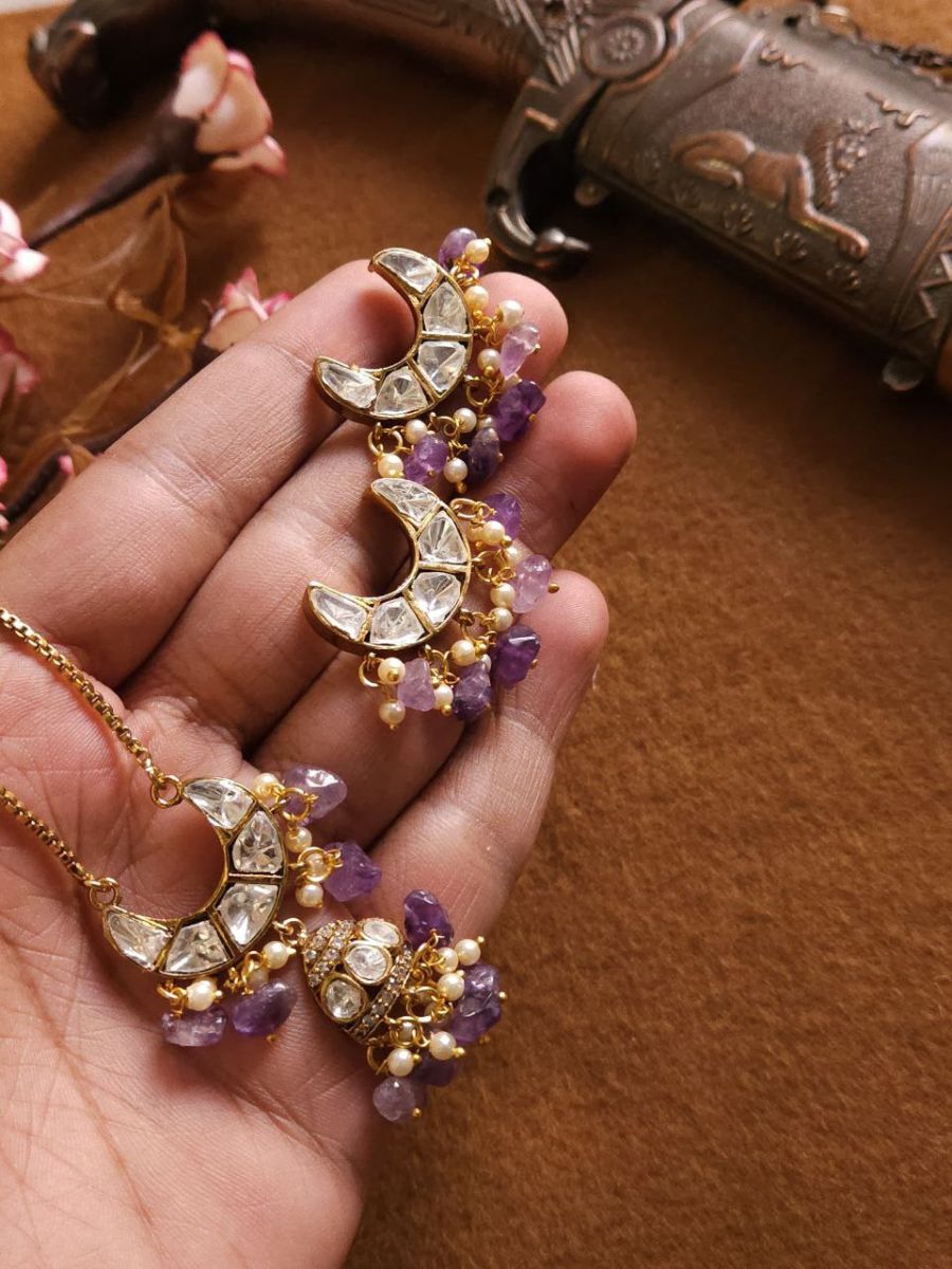 Purple Stones Polki Kundan Long Chain Necklace Set