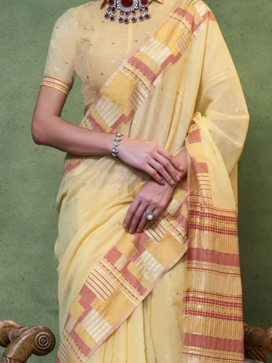 Red Checkered Border Pastel Yellow Handloom Cotton Saree with Blouse