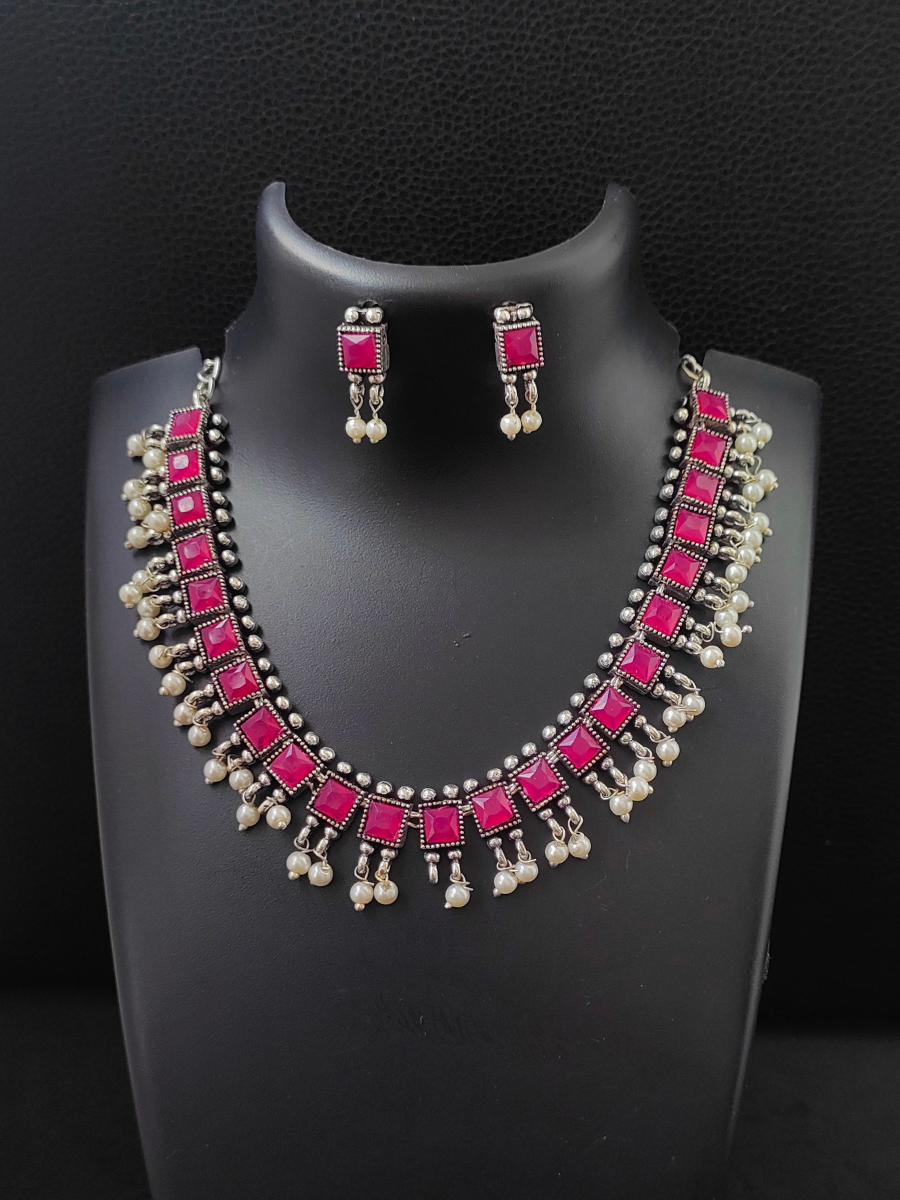 Buy Ruby Red Square Stone Oxidised Silver Choker Necklace Set - TheJewelbox