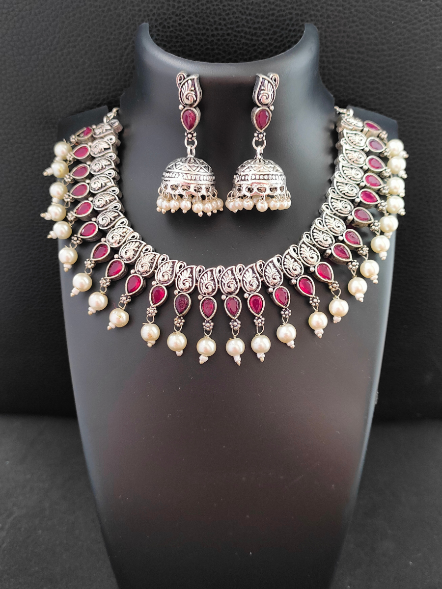 Ruby Red Stone Oxidised Silver Choker Necklace Set
