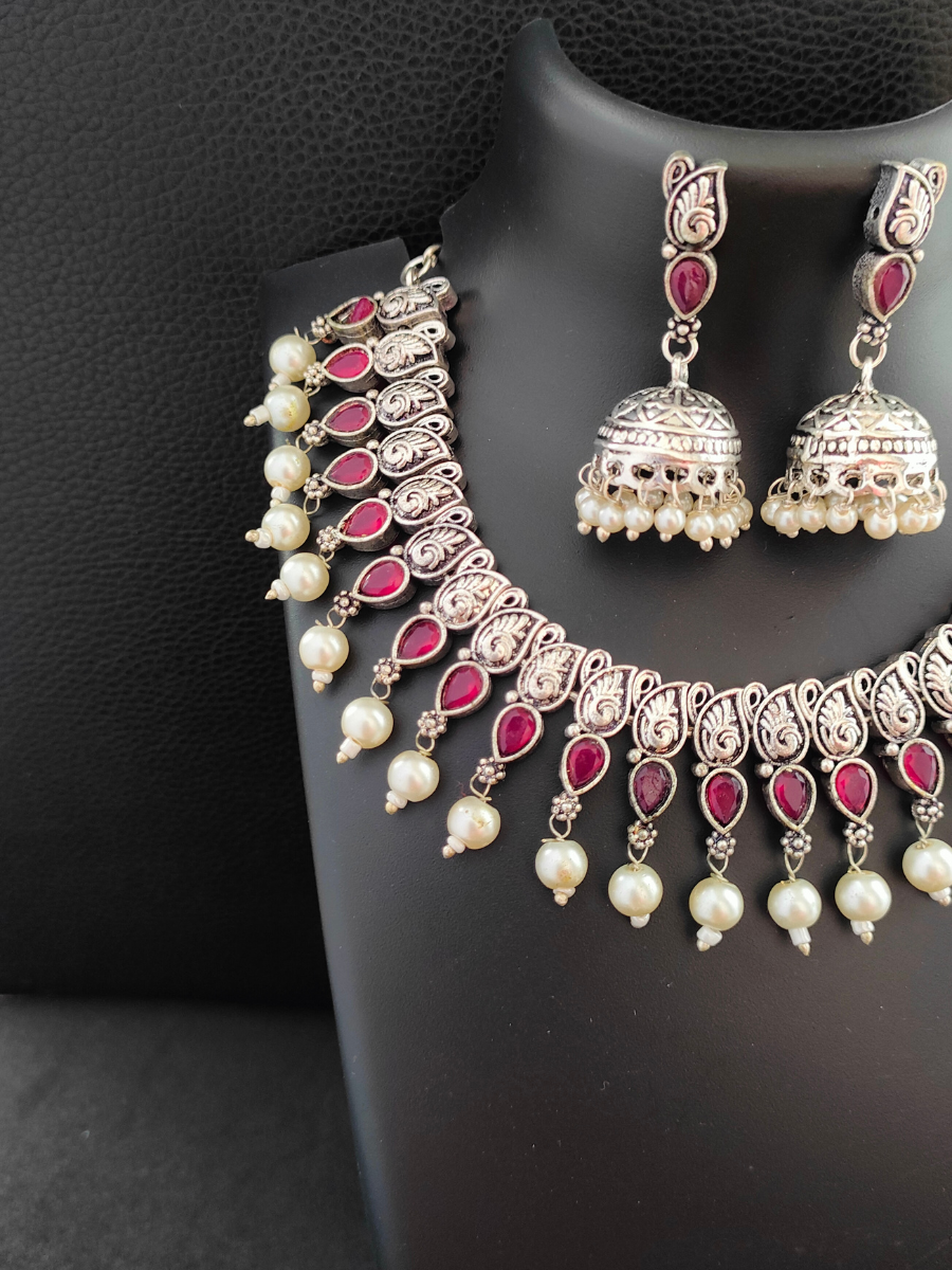 Buy Ruby Red Stone Oxidised Silver Choker Necklace Set with Earrings - TheJewelbox