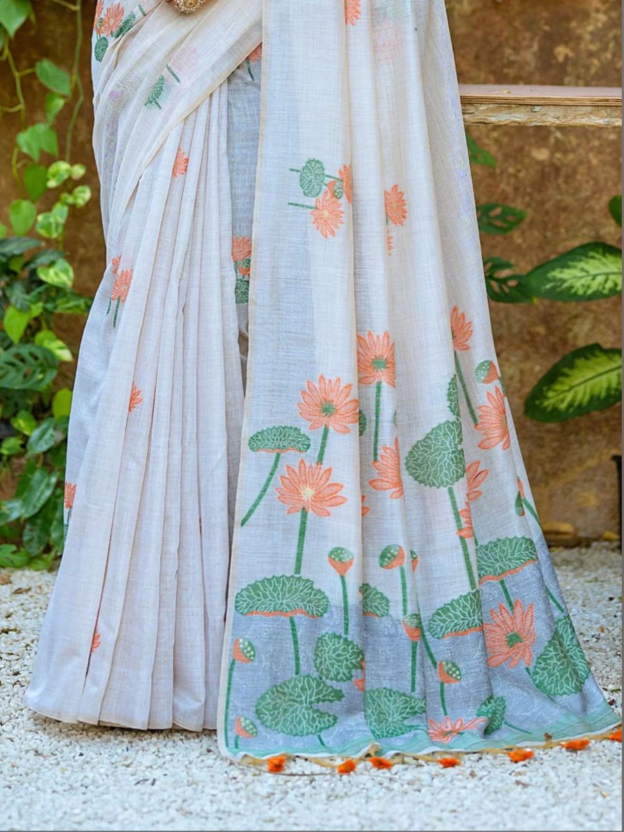 Off White Cotton Saree - Rust Orange Lotus Printed Pallu