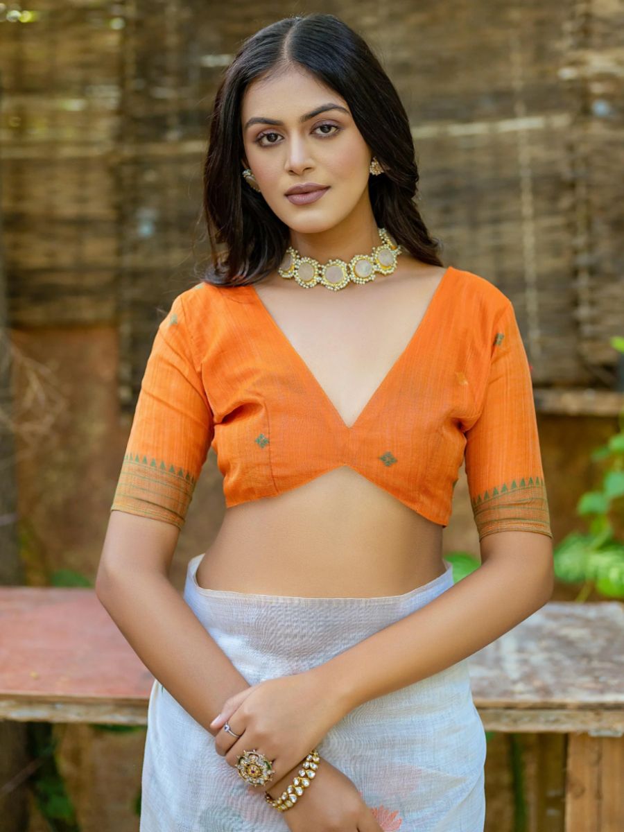 Rust Orange Lotus Printed Off White Cotton Saree - Orange Blouse