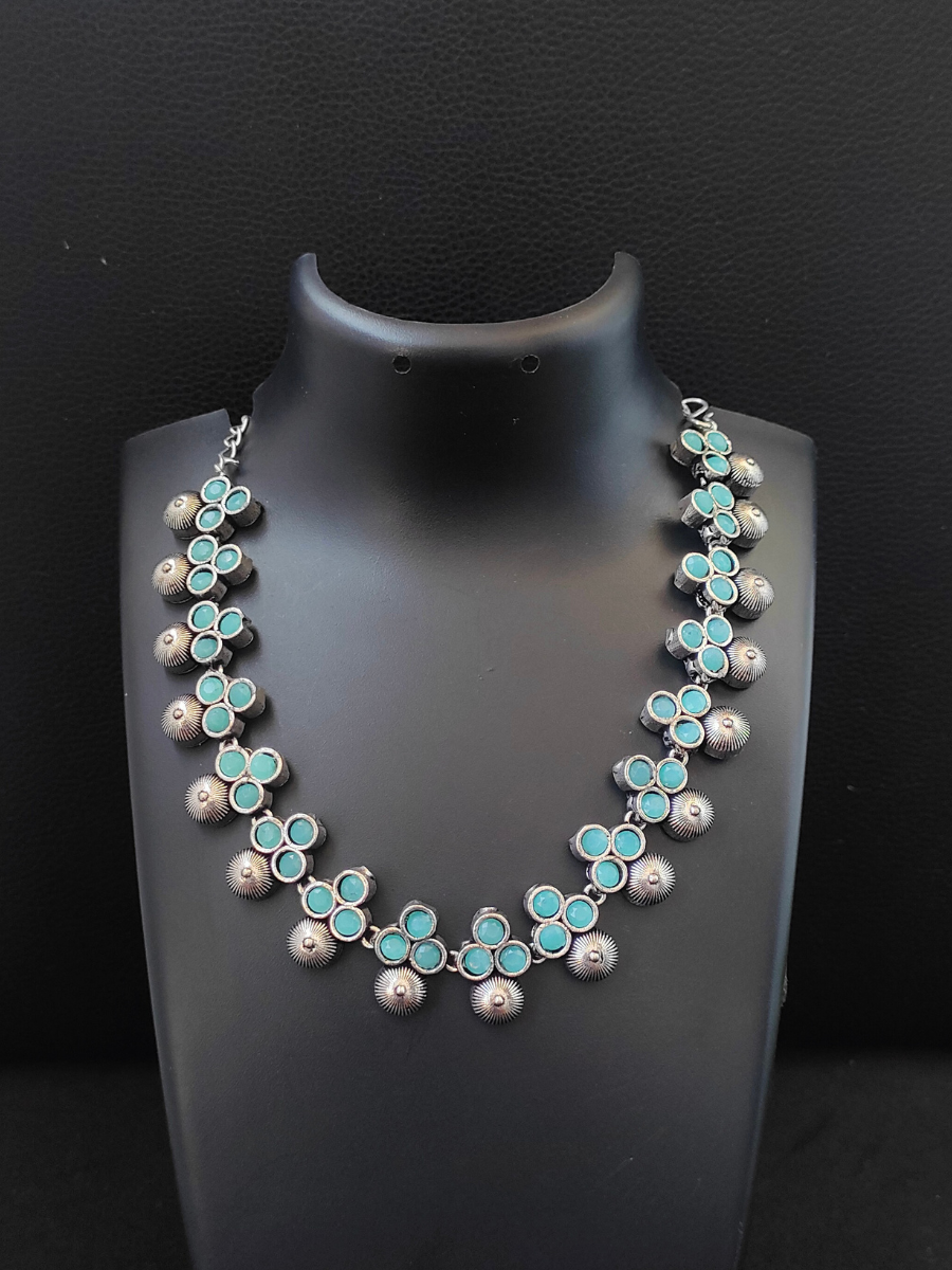 Sea Green Stone Floral Style Oxidised Silver Necklace
