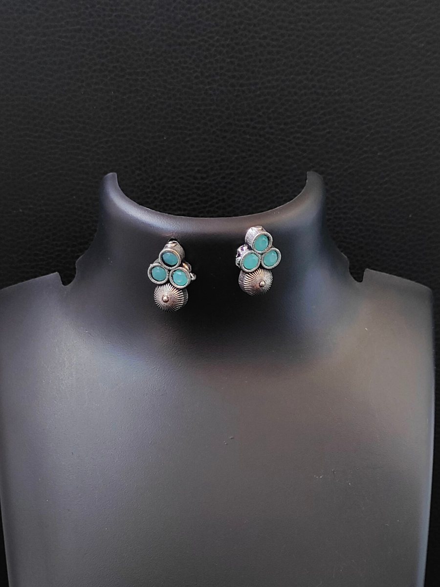 Sea Green Stone Floral Style Oxidised Silver Earrings