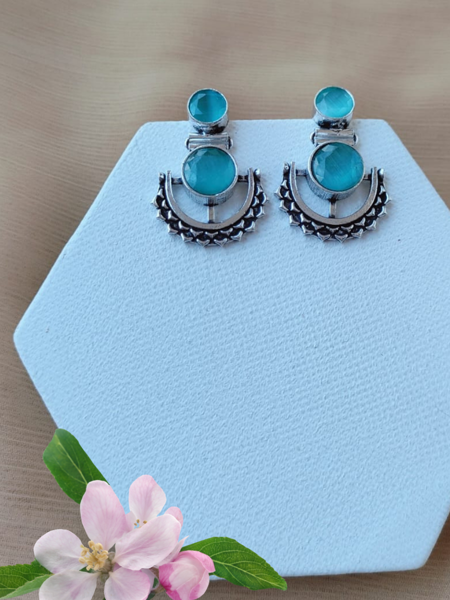 Buy Sea Green Stone Studded Oxidised Silver Dangler Earrings - TheJewelbox