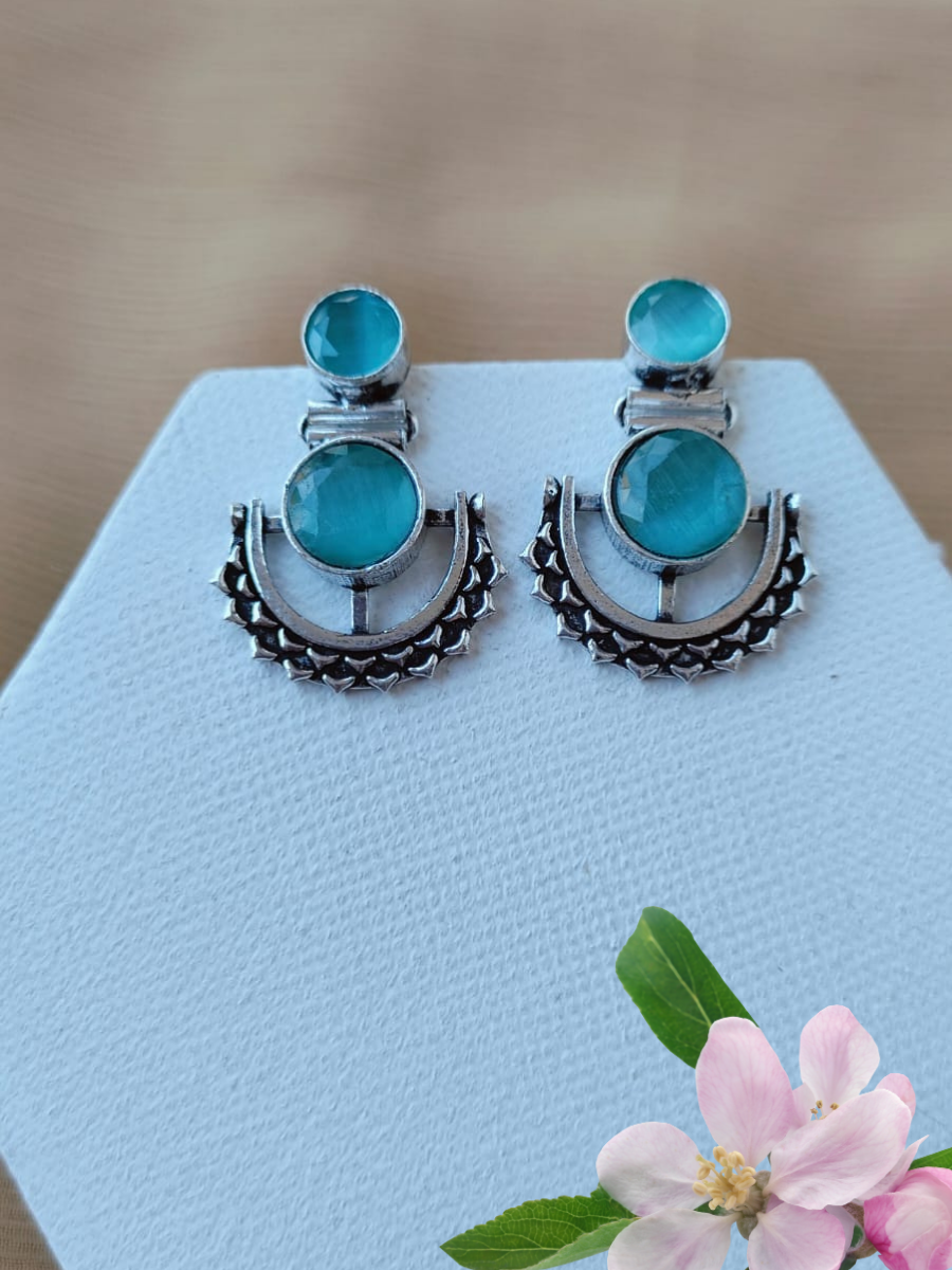 Sea Green Stone Studded Oxidised Silver Dangler Earrings