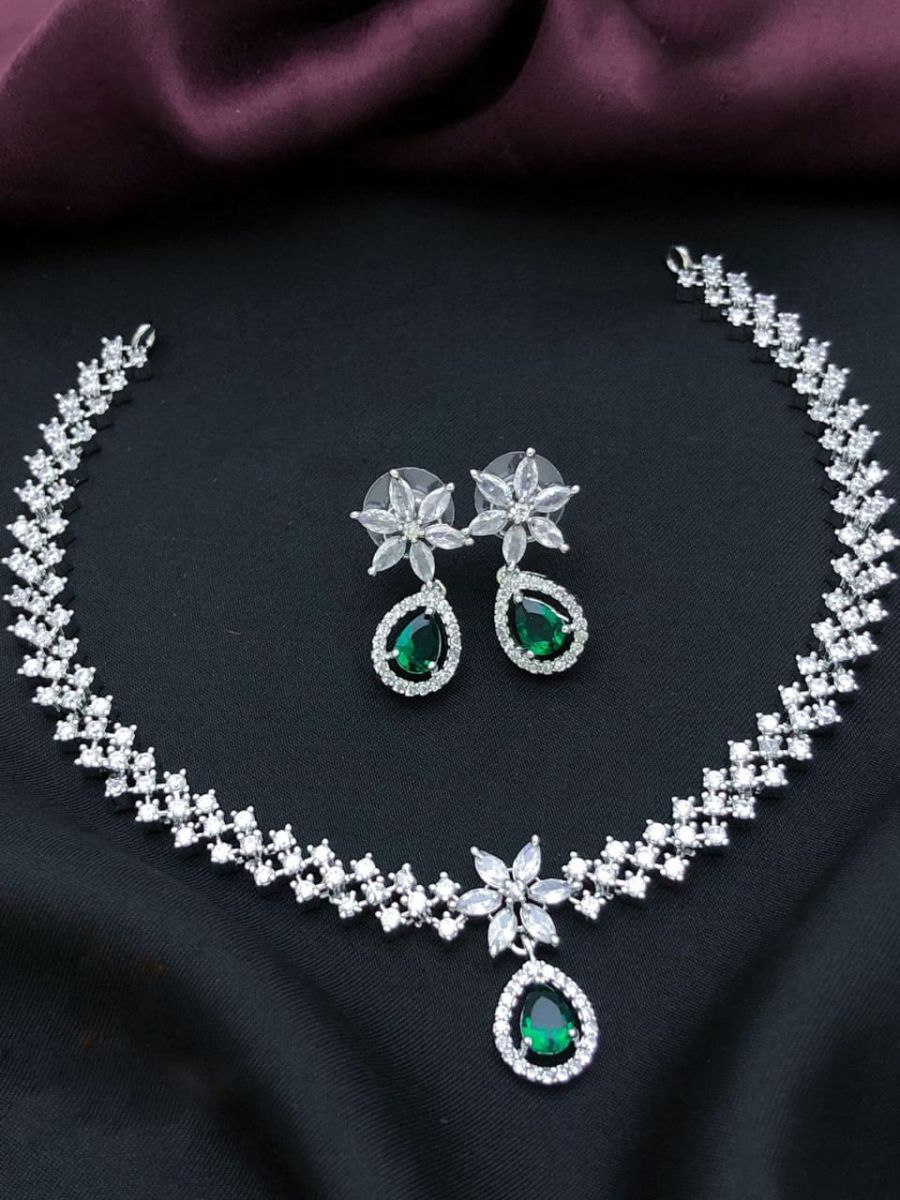 Buy Simple Green American Diamond Choker Necklace Set Online – All