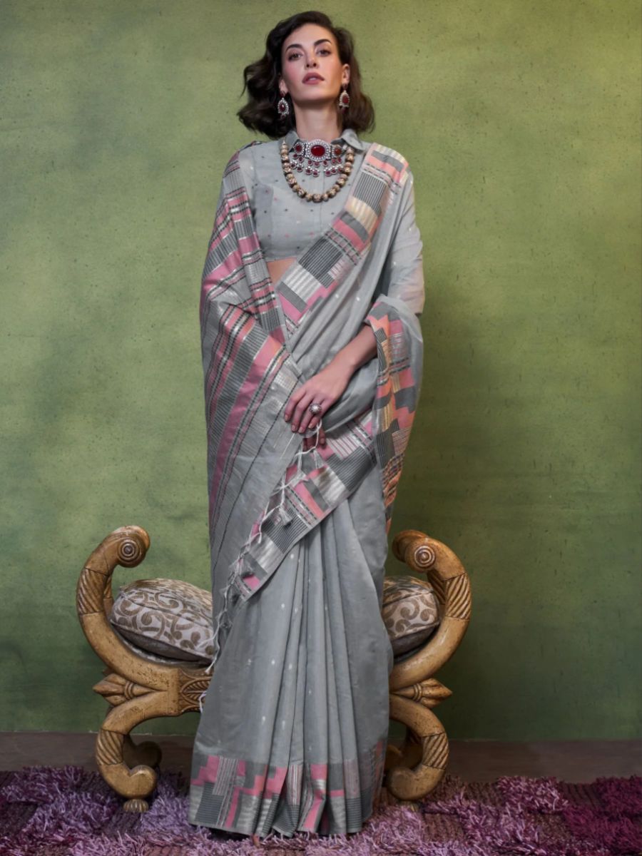 Buy Smoky Grey with Pink Checkered Border Handloom Cotton Saree Online - AllThingsAboutWedding