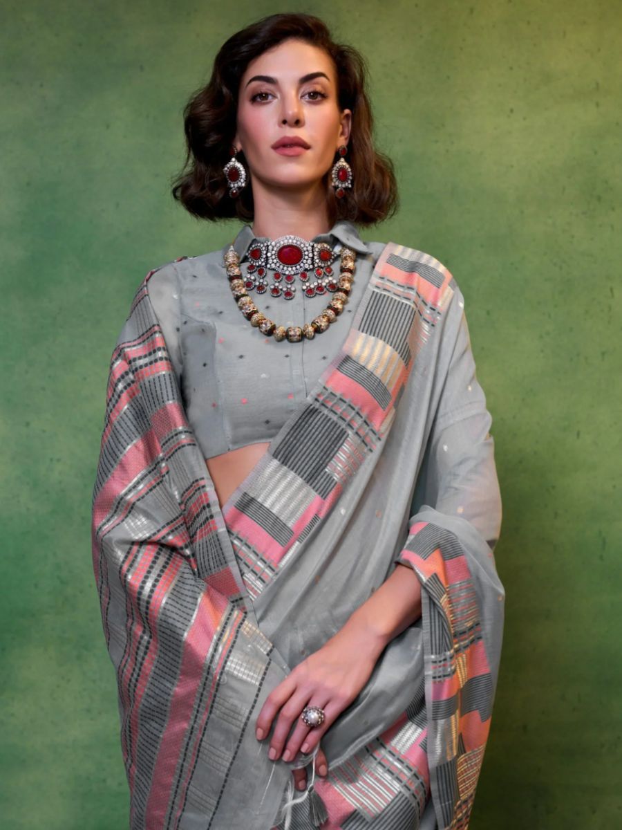 Smoky Grey with Pink Checkered Border Handloom Cotton Saree with Blouse