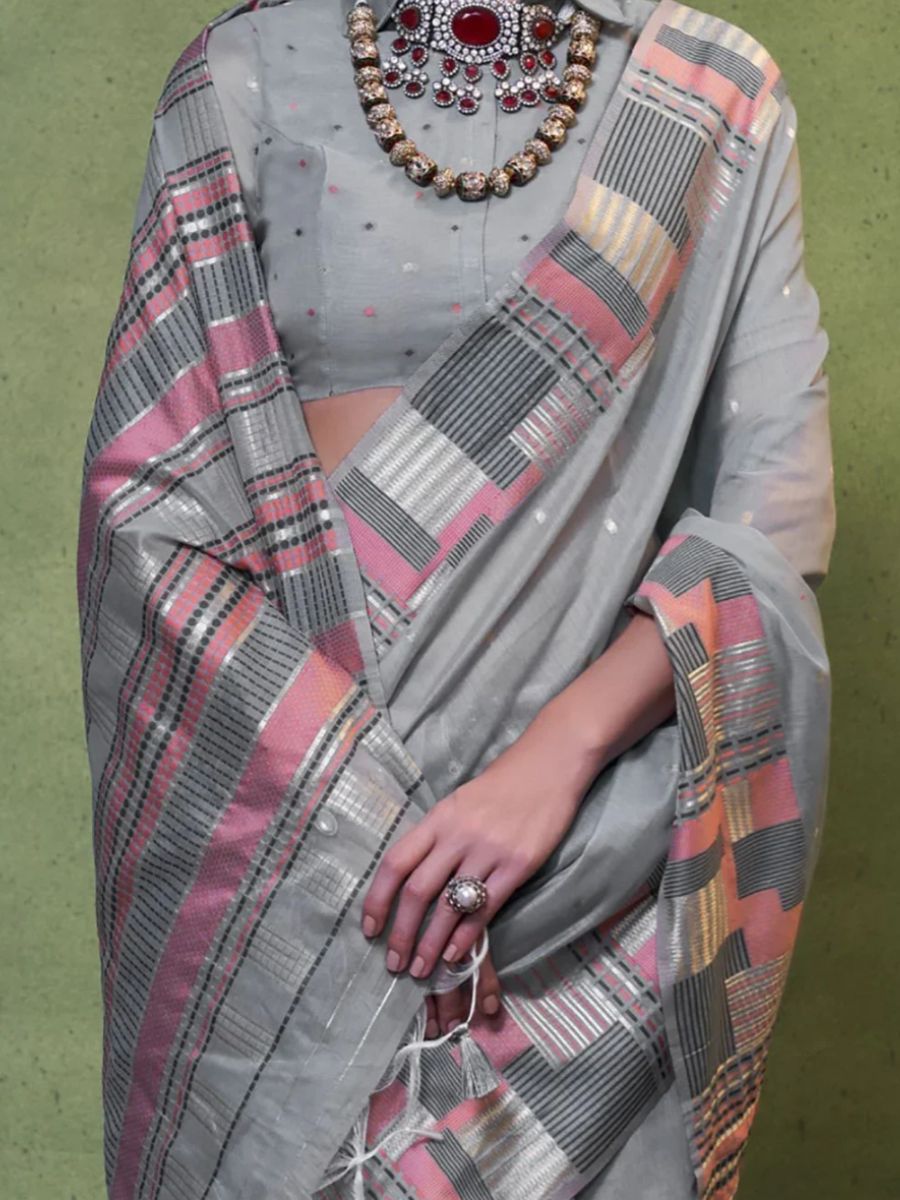 Smoky Grey Handloom Cotton Saree - Pink Checkered Border