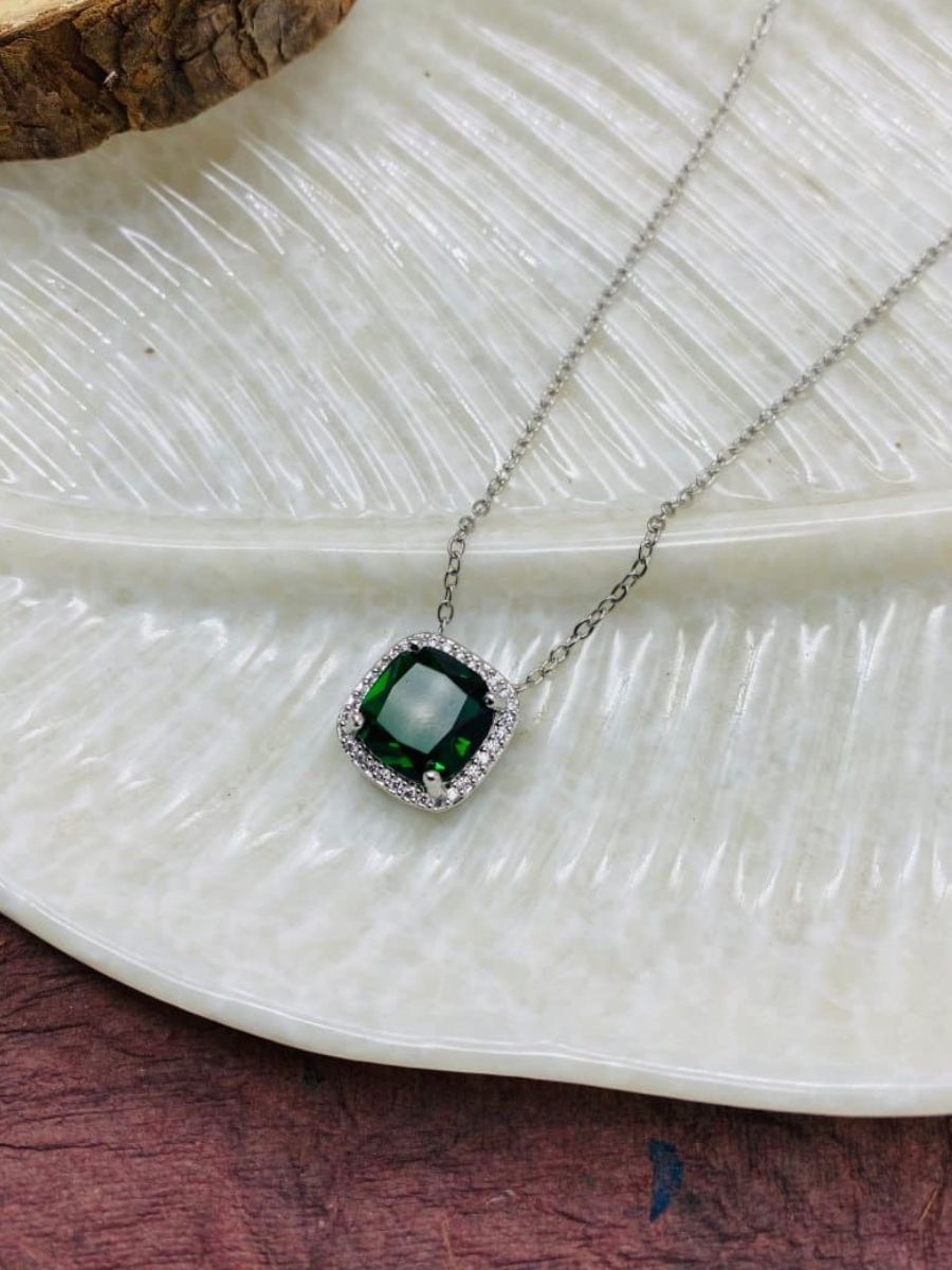 Square Green Emerald Pendant Silver Chain Necklace