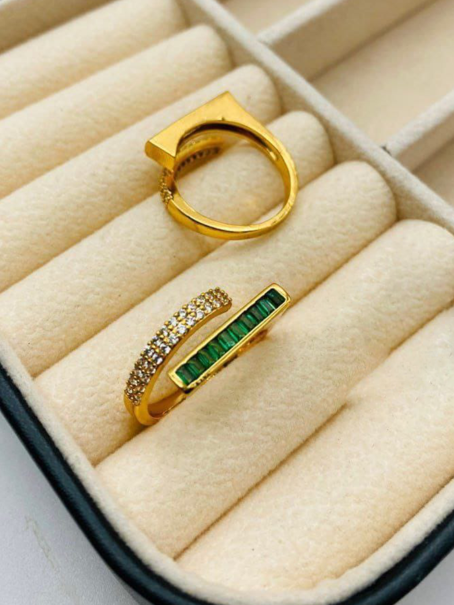 Stylish Green Stone and Diamond Studded Golden Ring