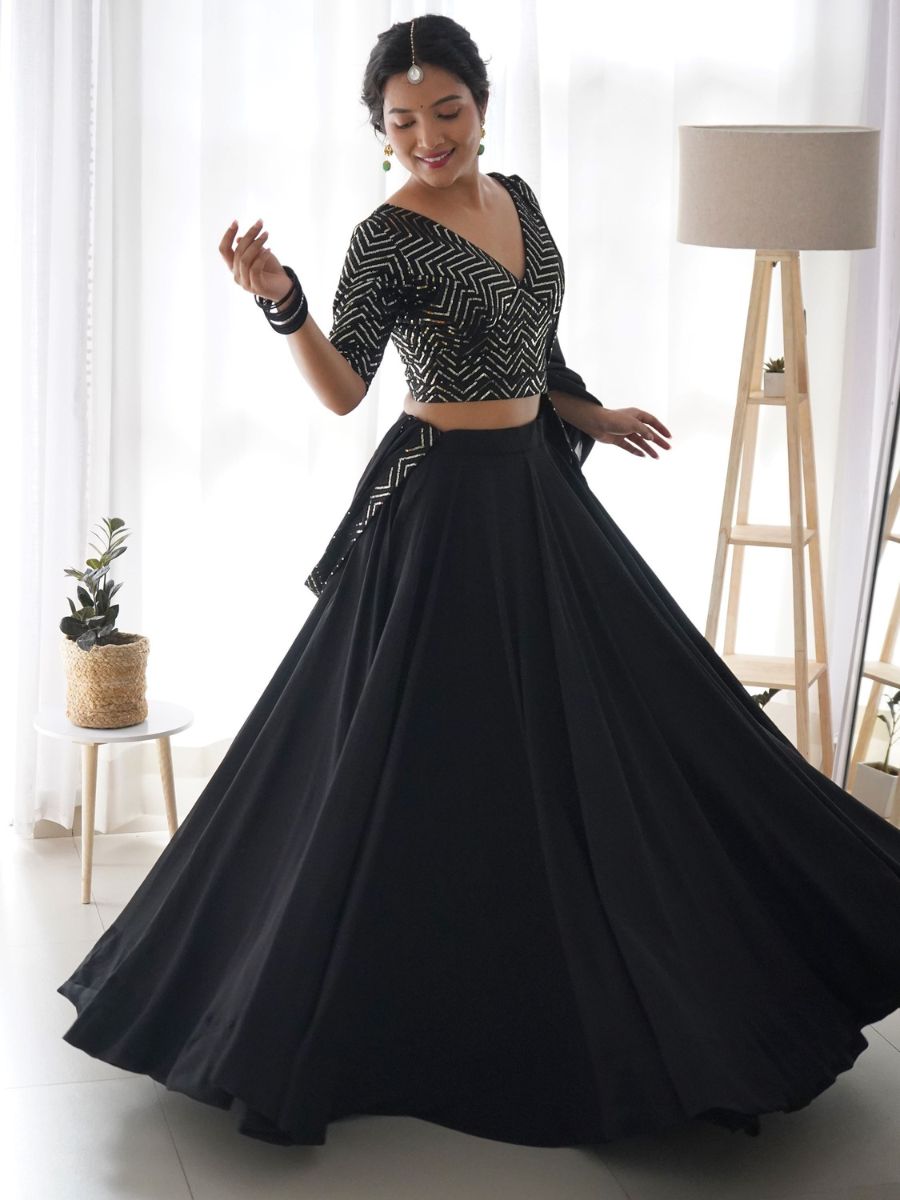 Stylish Party Wear Black Sequins Blouse Georgette Lehenga - Flair