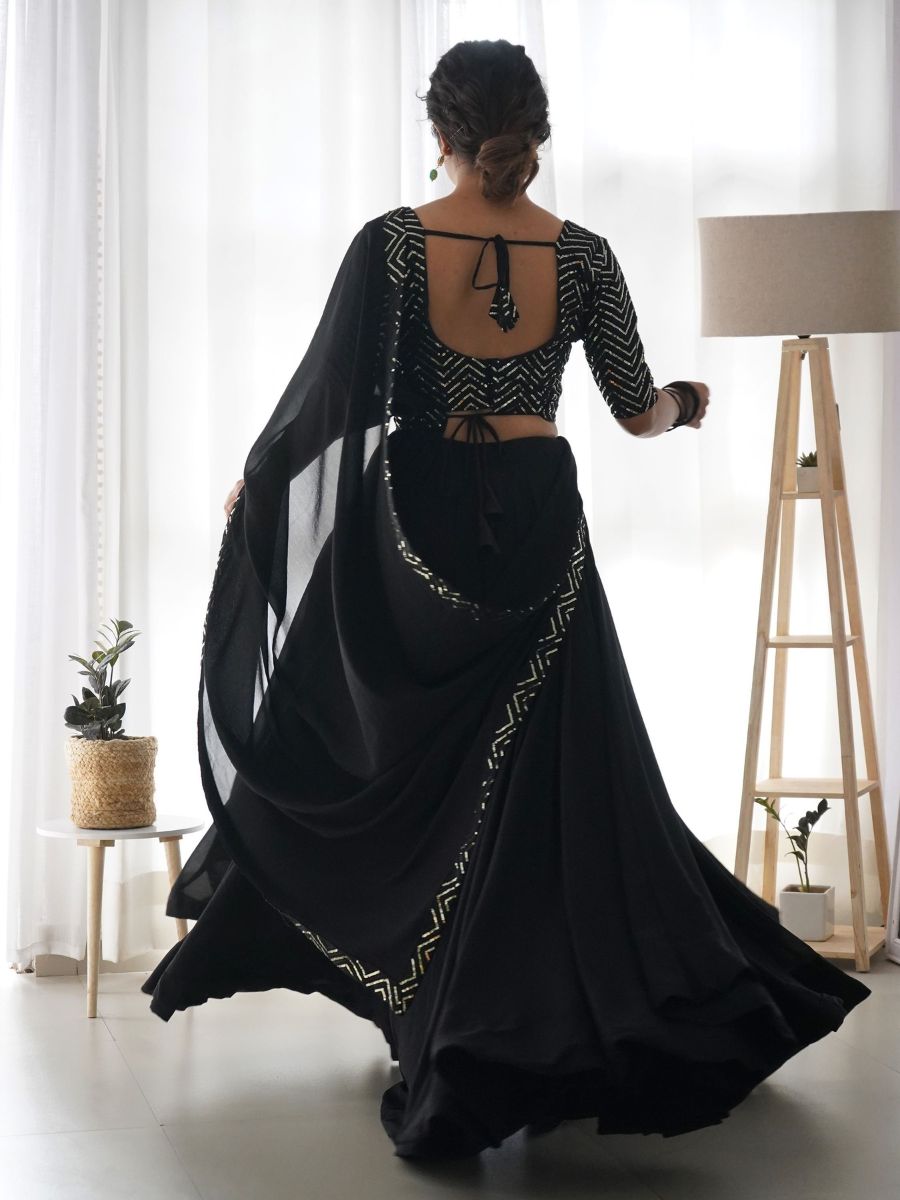 Stylish Party Wear Black Sequins Blouse Georgette Lehenga - Back Blouse Design